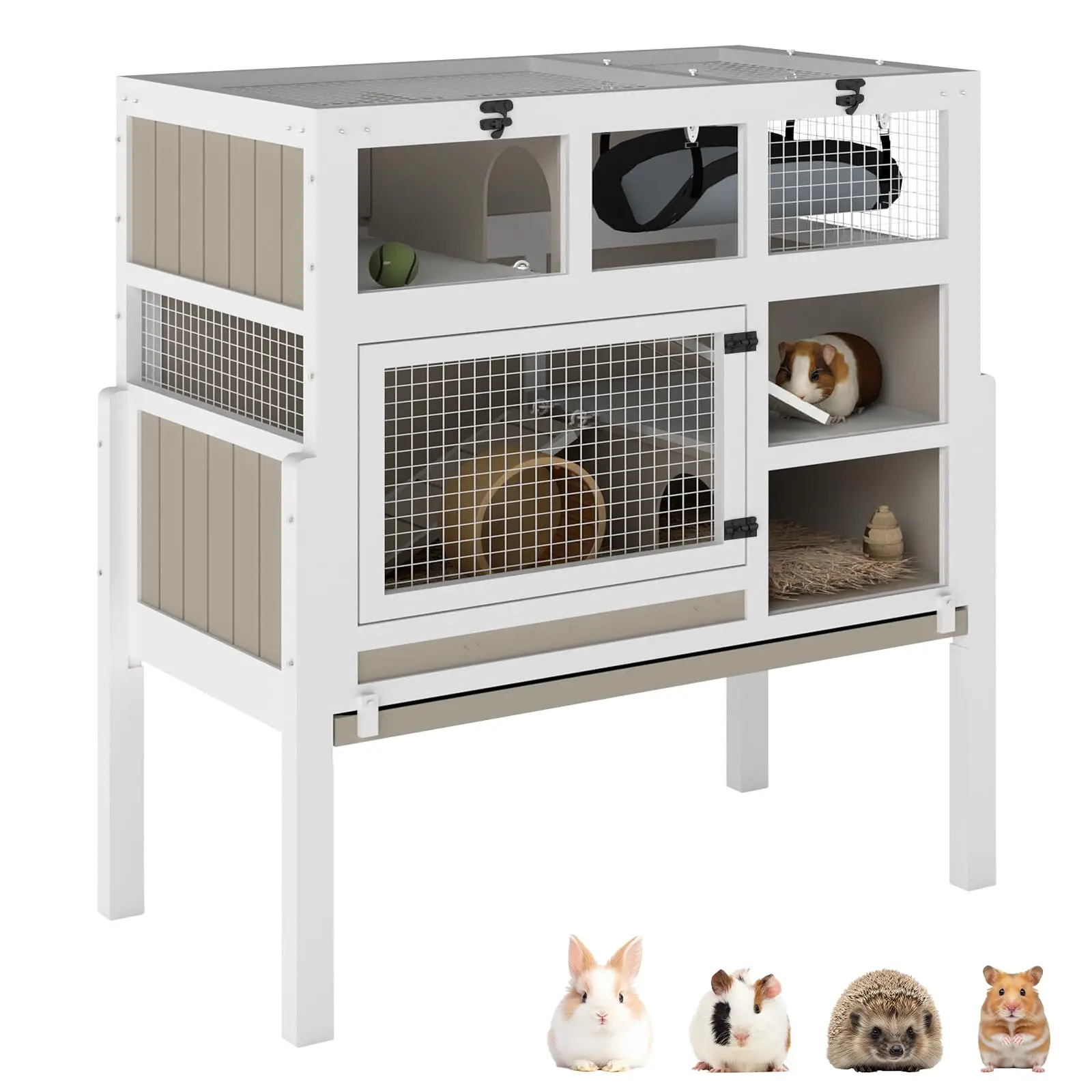 3-Tier Guinea Pig Cage Indoor Wooden Small Animal Habitat with Stand