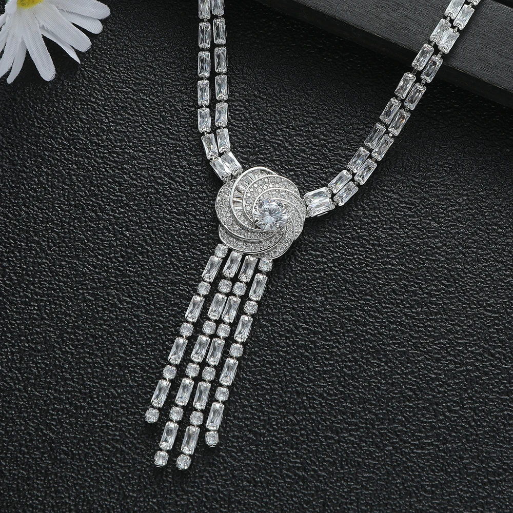 

Luxury Geometry Rose Flower Rectangle Long Tassel Necklace For Wedding Party Dress Up Cubic Zirconia Jewelry For Women A0246