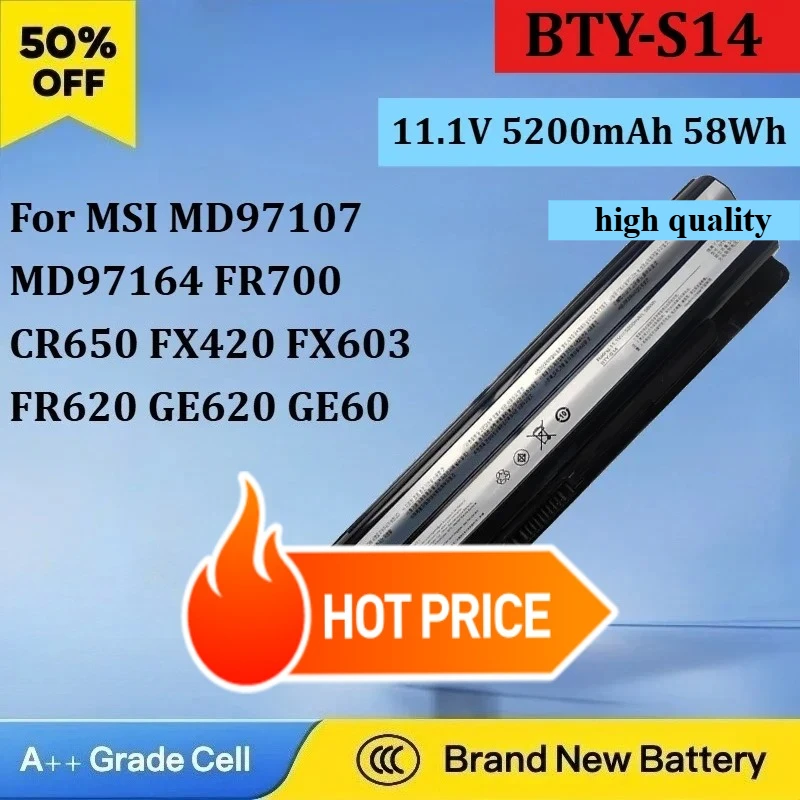 11.1V New BTY-S14 5200mAh 58Wh Laptop Battery for MSI MD97107 MD97164 FR700 CR650 FX420 FX603 FR620 GE620 GE60 GE70 FR600 MS-16
