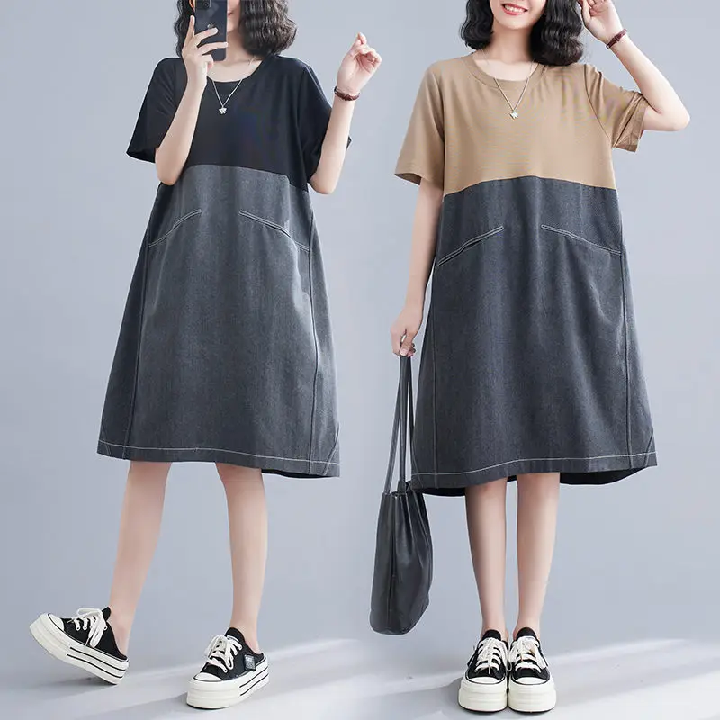 

Large Size Women's Patchwork Color Contrast Denim Dress 2023 New Summer Korean Version Loose Literary Casual Straight Dress c061