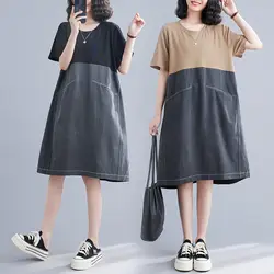 여성 패치워크 배색 데님 원피스, 루즈한 캐주얼 스트레이트 원피스, 한국 버전, 빅 사이즈, 2023 여름 신상, c061