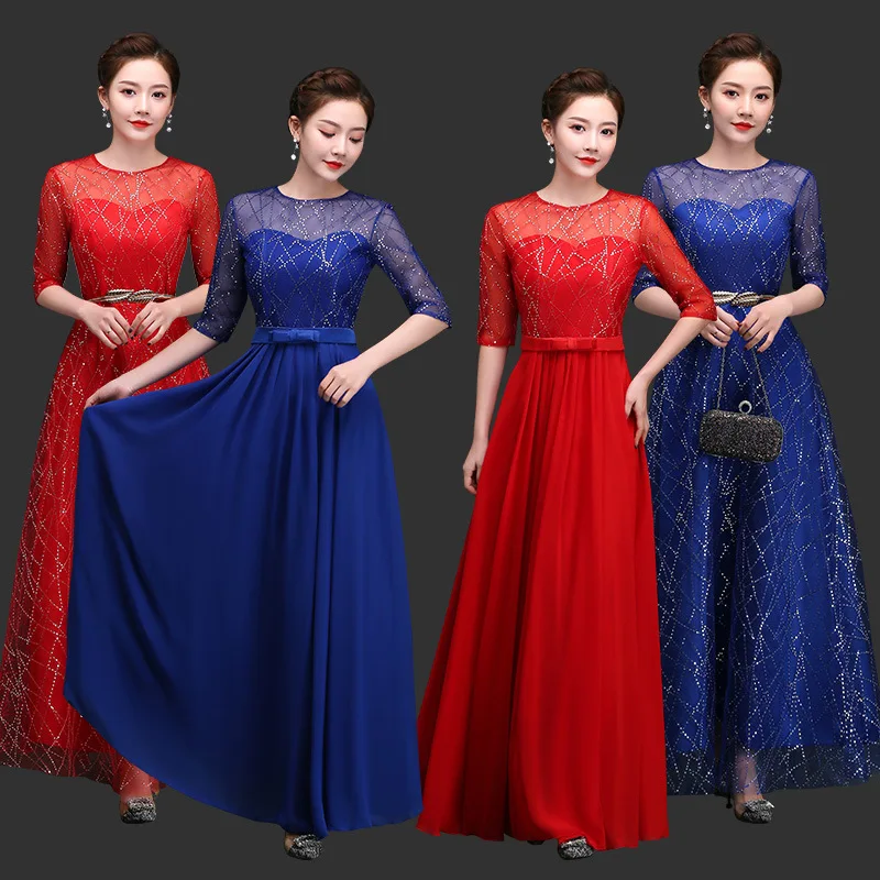 Vestido longo feminino coro desempenho vestido fino ajuste banquete adulto estilo longo 2020 meia-idade e idosos vermelho canção coro vestido
