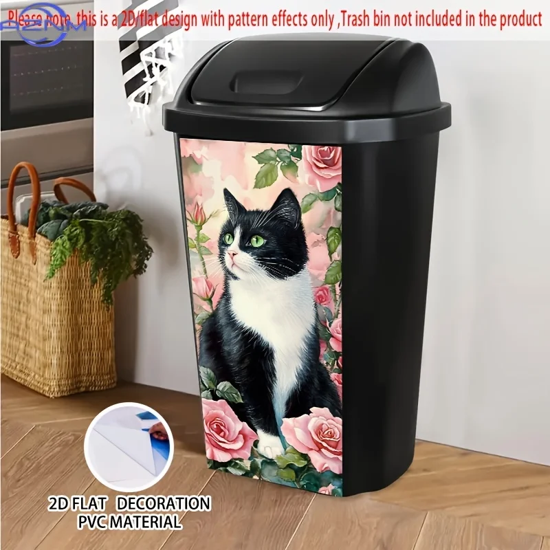 1pc UJoli Self-Adhesive Dustbin Sticker - Black & White Cat with Pink Roses Design, .01x cm PVC Decal for Trash Cans, Walls, K