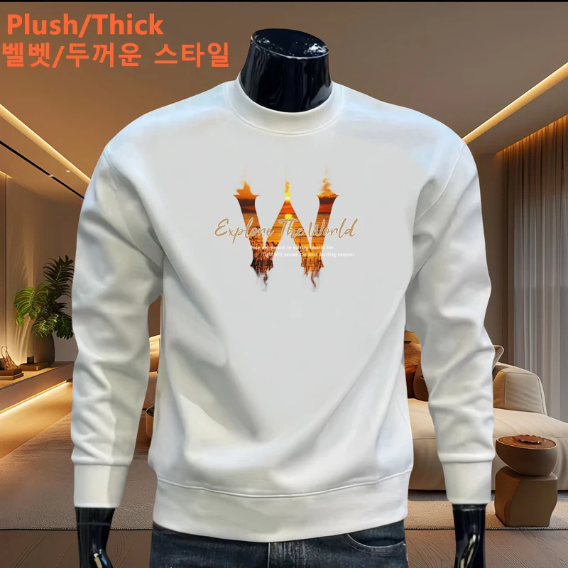 Winter Men's Warm Plush Sweatshirt Hoodie Korean W Printed O Neck Think Top Oversized S-5XL Cotton Sweater Trendy Men Clothing