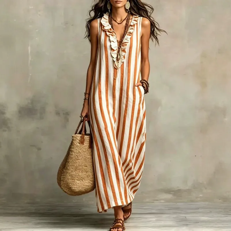Summer New Arrival Boho Vertical Striped Sleeveless Dress V Neck Ruffle Detail Pocket Ladies Beach Dress