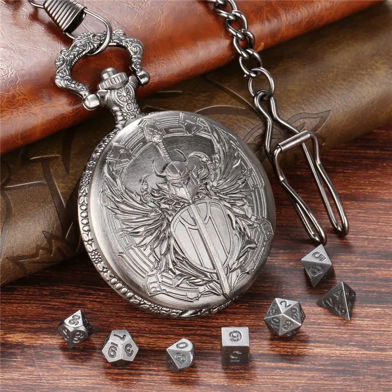 Steampunk Paladin Pocket Watch Case Fob Chain 7Pcs Tiny Metal Polyhedral Dice Set for Entertainment Role Play Gaming Dices Gift