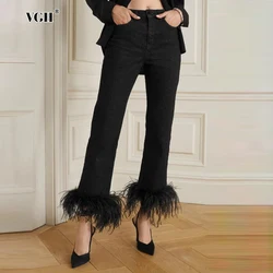 VGH Solid Patchwork Feathers Casual Denim Trousers For Women High Waist Spliced Pockets Minimalist Straight Pants Female Style