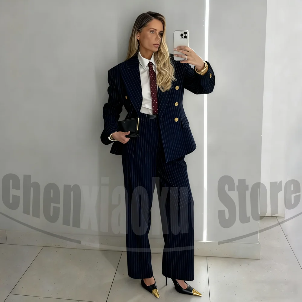 

Women's Striped Double Breasted Suit Set Vintage Style Elegant Formal Outfit for Business Office Party Two Piece Pants Sets