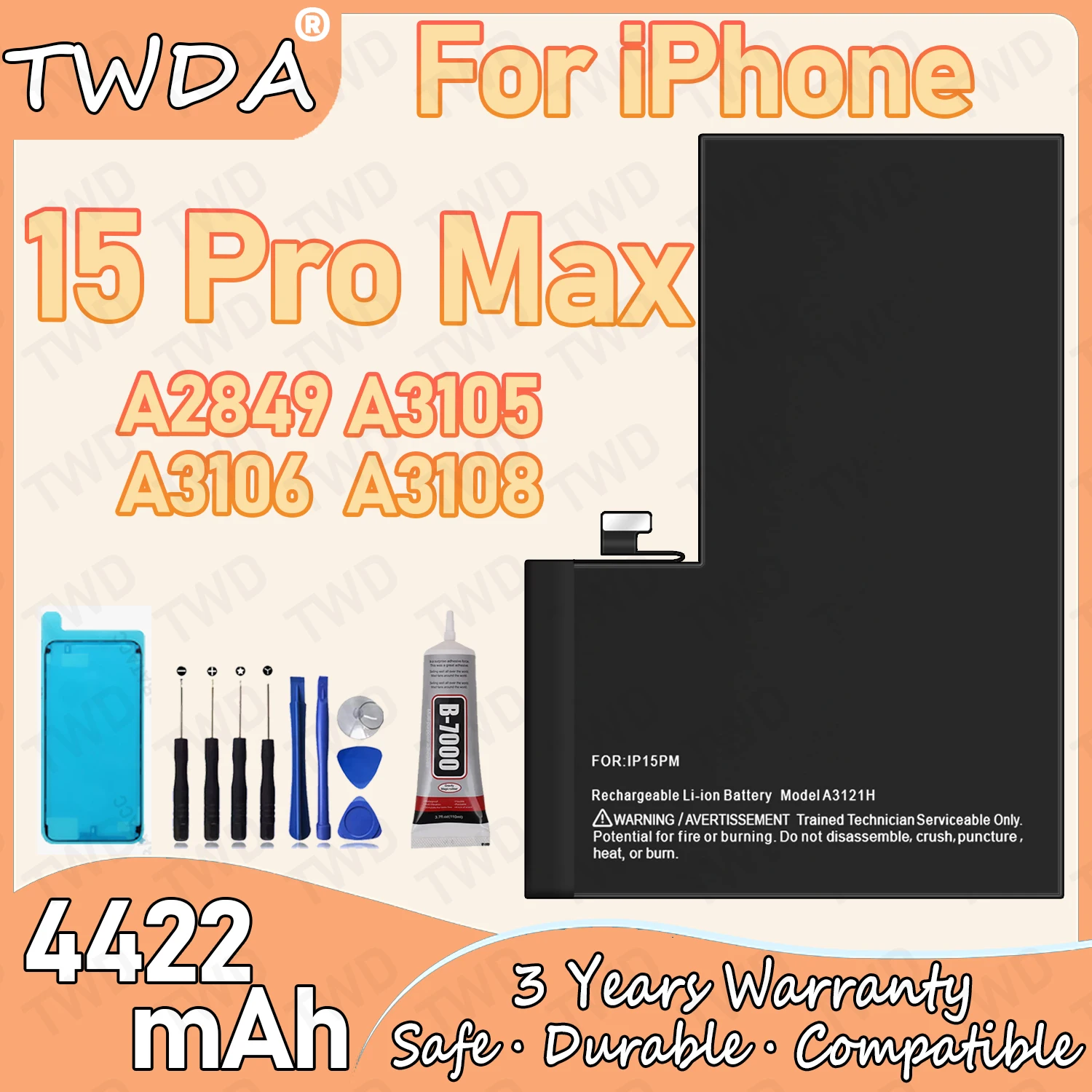 

A3121H Large capacity 4422mAh Battery For iPhone 15 Pro Max/A2849/A3105/A3106/A3108 Batteries New High Quanlity+Free Tools
