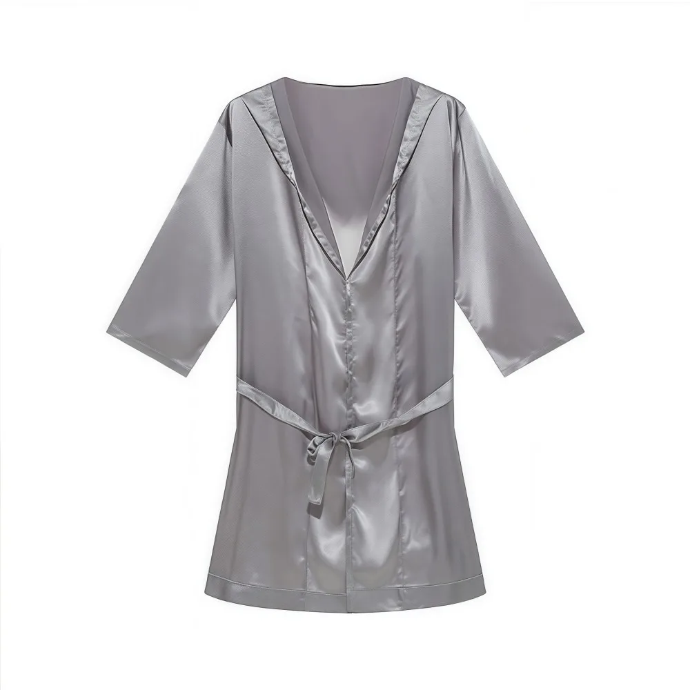 Luxury Smooth Men Satin Robe Loose-fit Lightweight Silk Bathrobe Short-sleeve Comfortable Mens Dressing Gown Nightwear