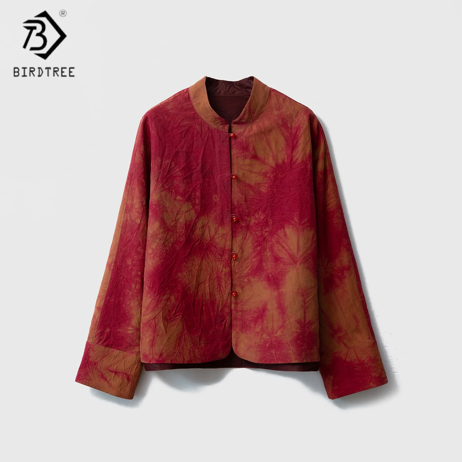 

BirdTree,100% Mulberry Silk Craquelure Coat,Women Tie-dye Chinese Style Jacket,Stand Collar Tops,2025 Spring Autumn New T5D621JF