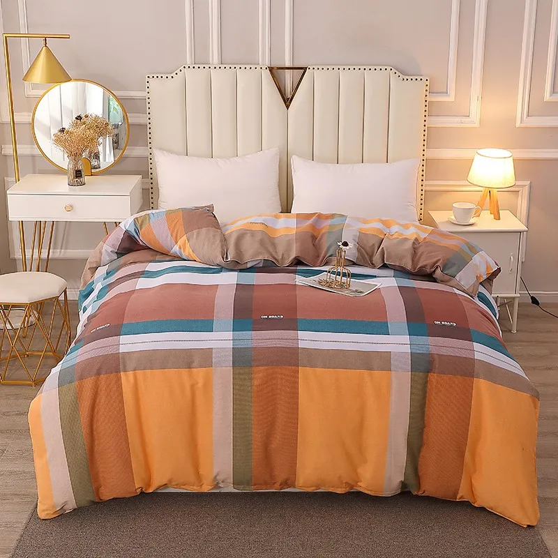 Colored Plaid Duvet Cover Brown and Orange Geometric Printed Pure Cotton Skin-friendly Soft Bedding Quilt Cover with Zipper