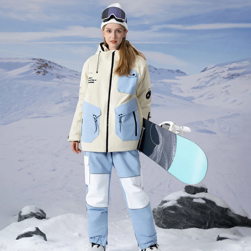 Fashion Colors Man's or Women's Ice Snow Suit Sets Snowboarding Clothing Ski Costumes Waterproof Winter Wear Jackets Strap Pants
