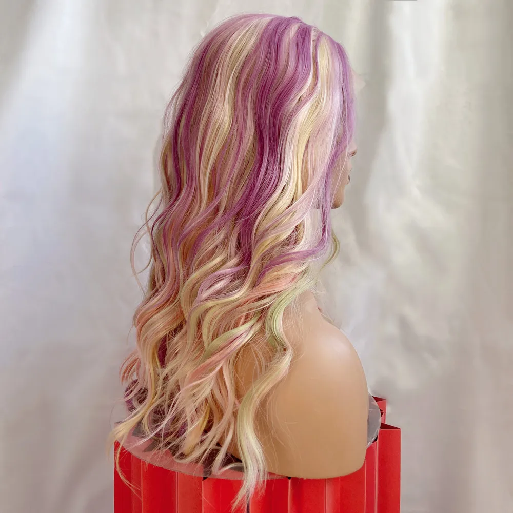 26 "parrucca anteriore in pizzo sintetico arcobaleno viola rosa blu parrucca onda sciolta 10% capelli umani 13x4 parrucca anteriore in pizzo Cosplay resistente al calore