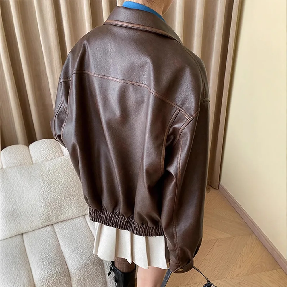 Retro Loose Silhouette Leather Jacket 2025 Spring and Autumn Commuter Style Women's Top