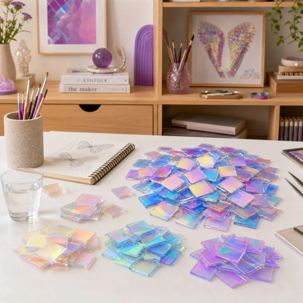 50Pcs Rainbow Radiant Acrylic Sheets Square Mini Iridescent Acrylic Double-Sided Mosaic Art Holo Plexiglass Tiles