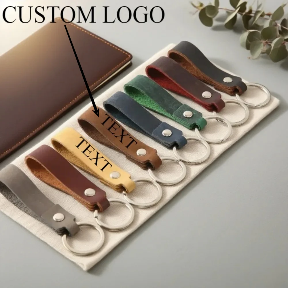 

Custom Leather Vintage Keychain Pendant Bag Car Moto Key Chain Holder Laser Personalize Engrave Logo Keyring Men Women Gifts