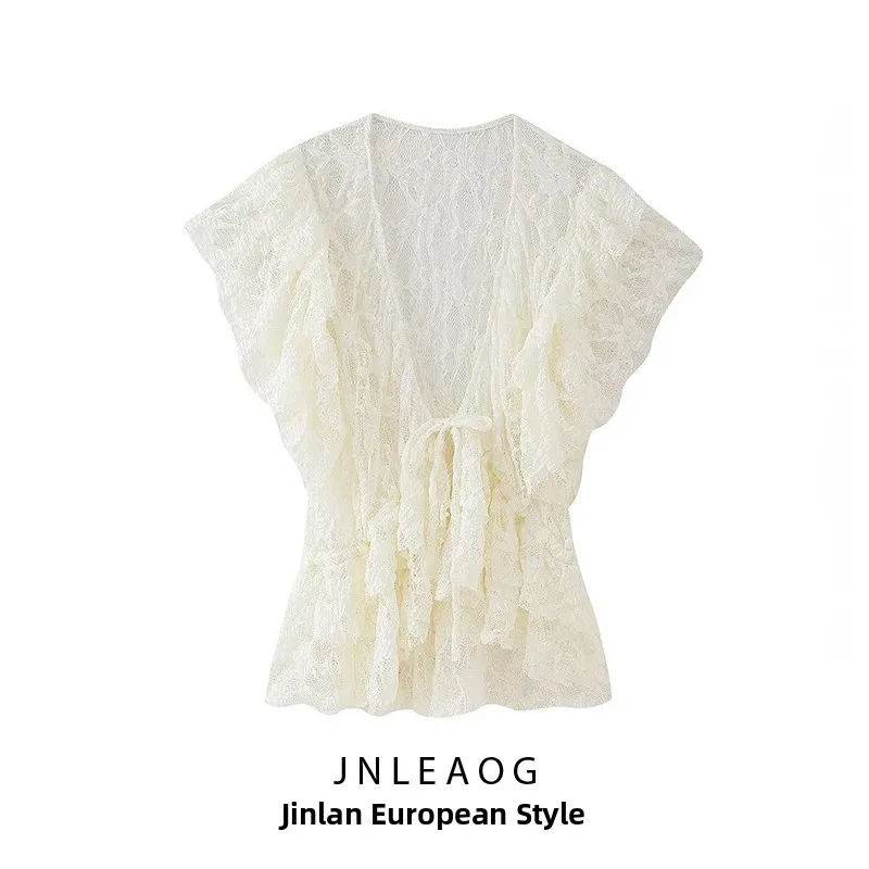 

Модный кружевной топ с узлами, женская блузка прямого кроя с коротким рукавом и V-образным вырезом, из полиэфирного волокна, устойчивого к деформации.