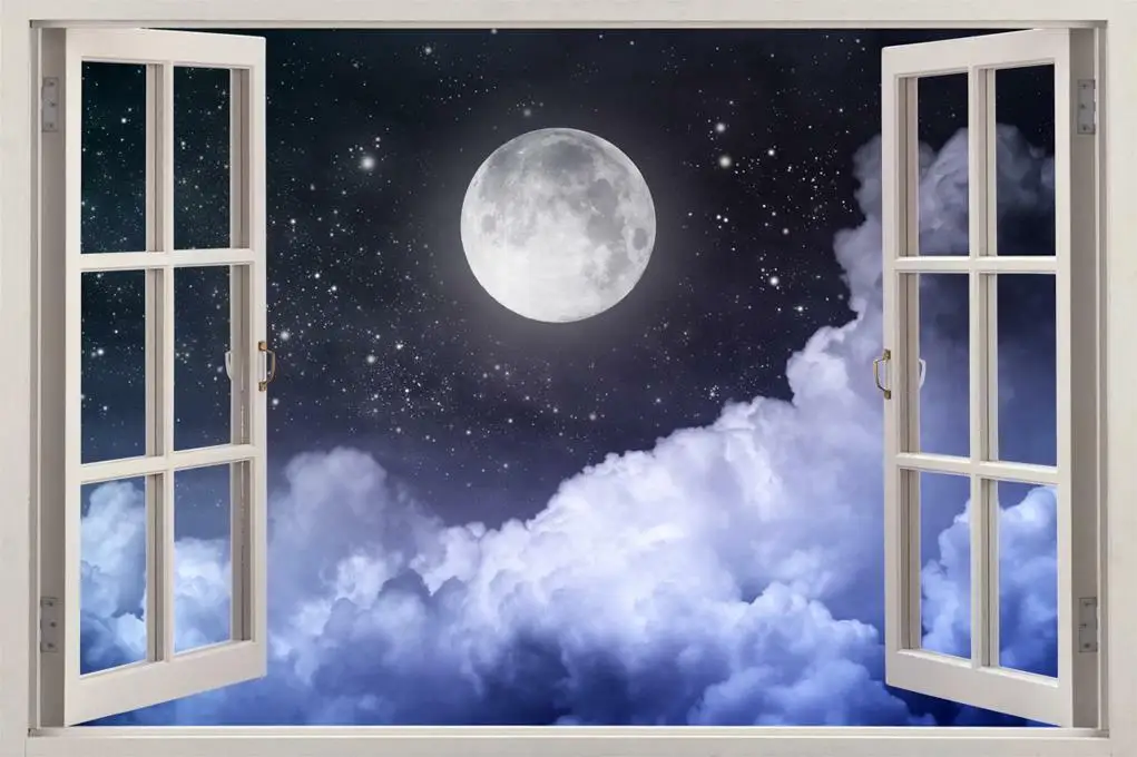 

Full Moon Night Window View Mural Stars Art Picture Print Silk Poster Home Wall Decor