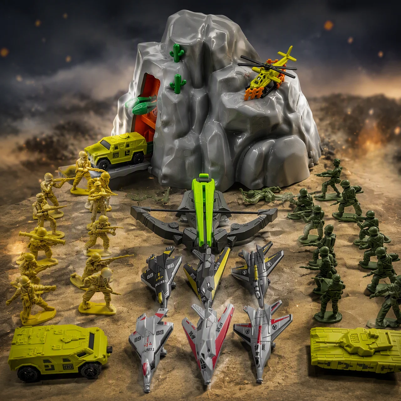 Boy battle scene toy set, mountain base stronghold capable of launching missiles+24 characters+catapult bow and arrow toy