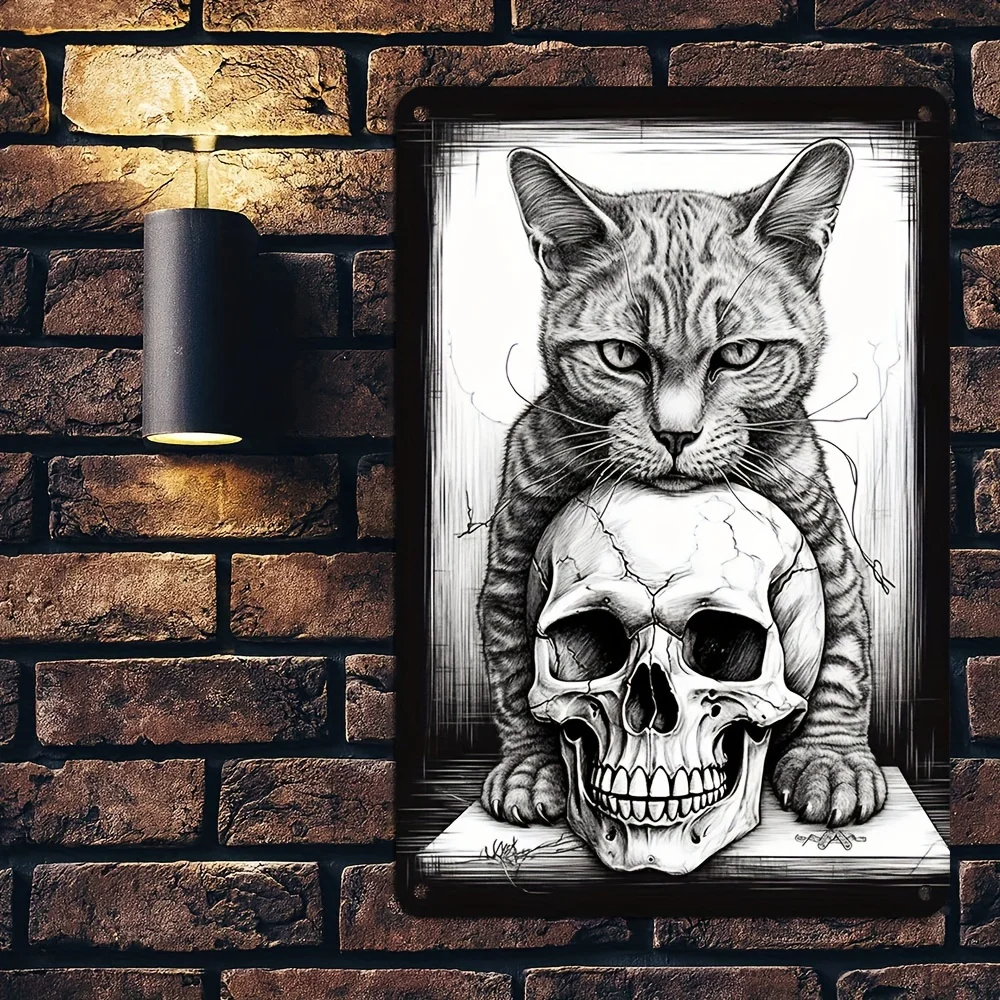 Letrero de metal de gato vintage con calavera, pintura de metal vintage de Halloween, arte de pared hecho, decoración interior/exterior, garaje, 8x12 i