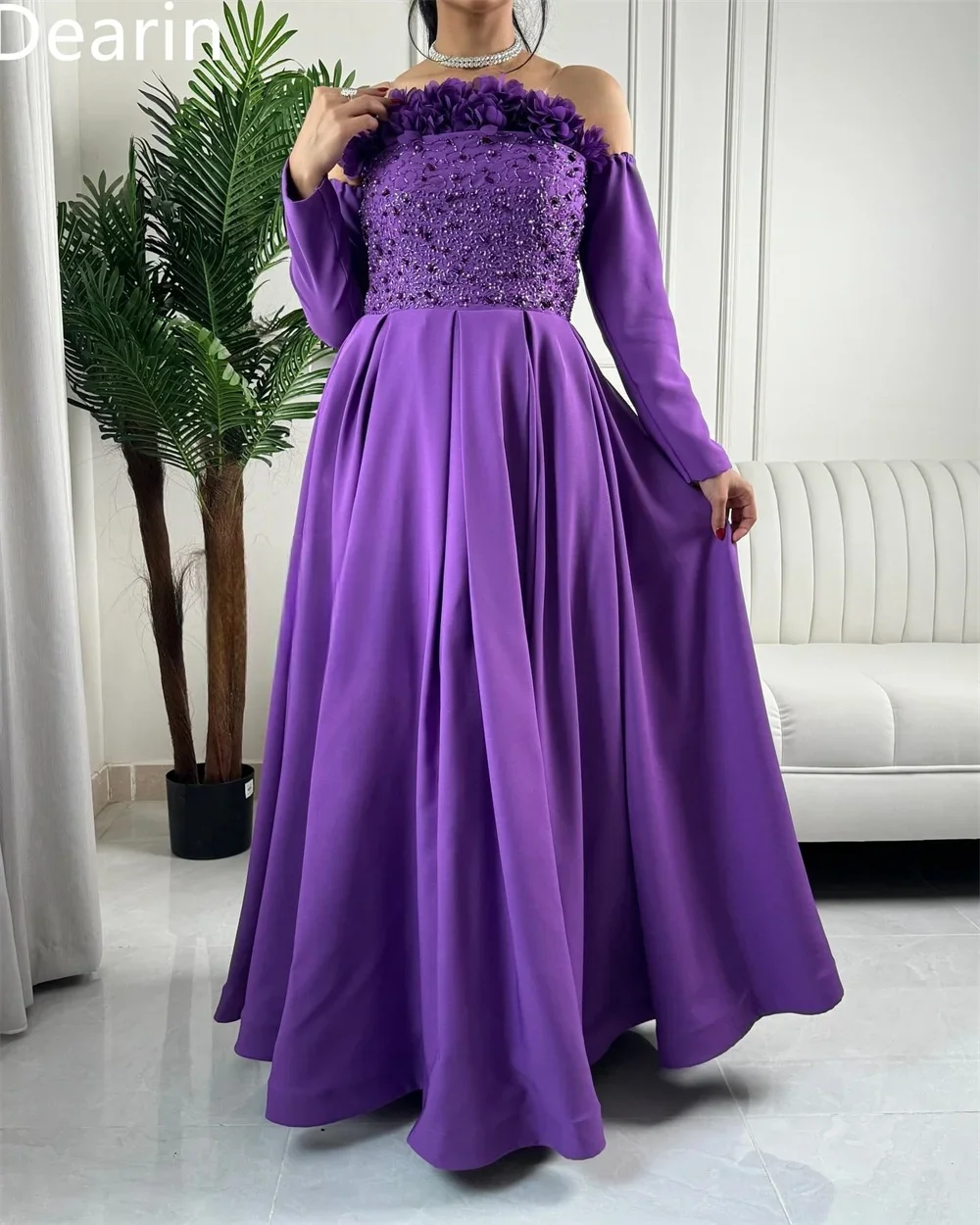 Vestido de noche personalizado Dearin con tirantes finos, faldas hasta el suelo, apliques drapeados, abalorios, vestidos para ocasiones a medida,