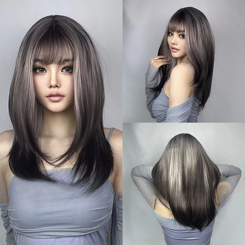 

Fashion trends gradually change color Qi bangs medium and long straight hair European and American style daily wear natural fluf