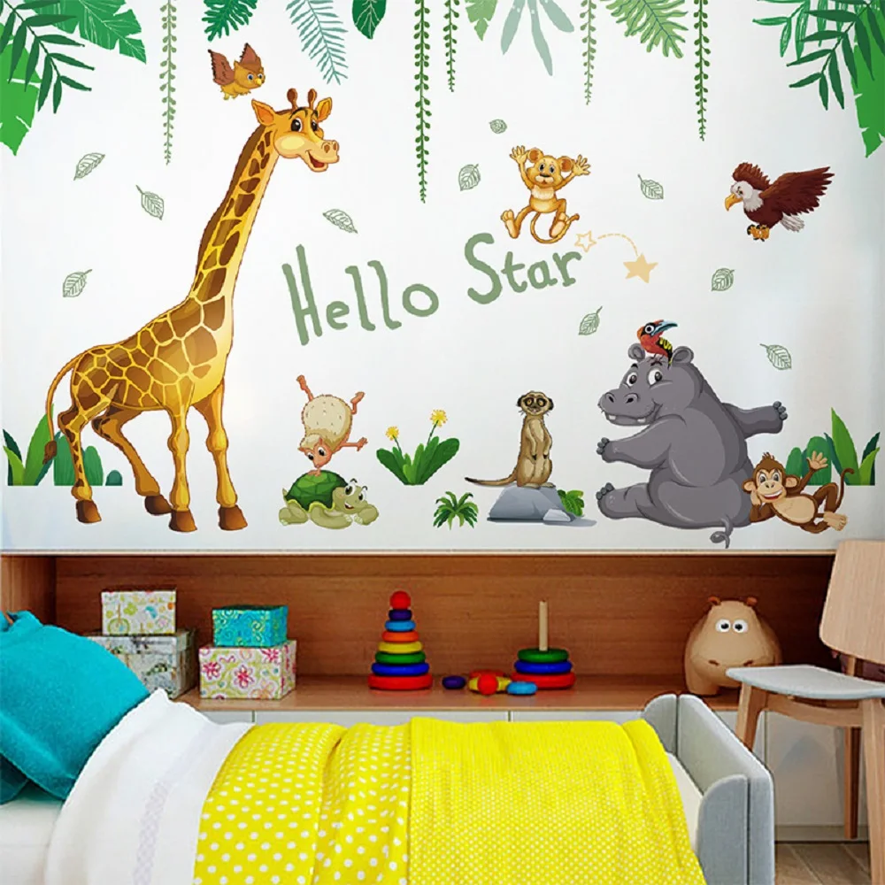 

Jungle Zoo Giraffe Hippo Cartoon Animals Wall Sticker Living-room Boys Girls Kids Room Background Decoration Decor Poster