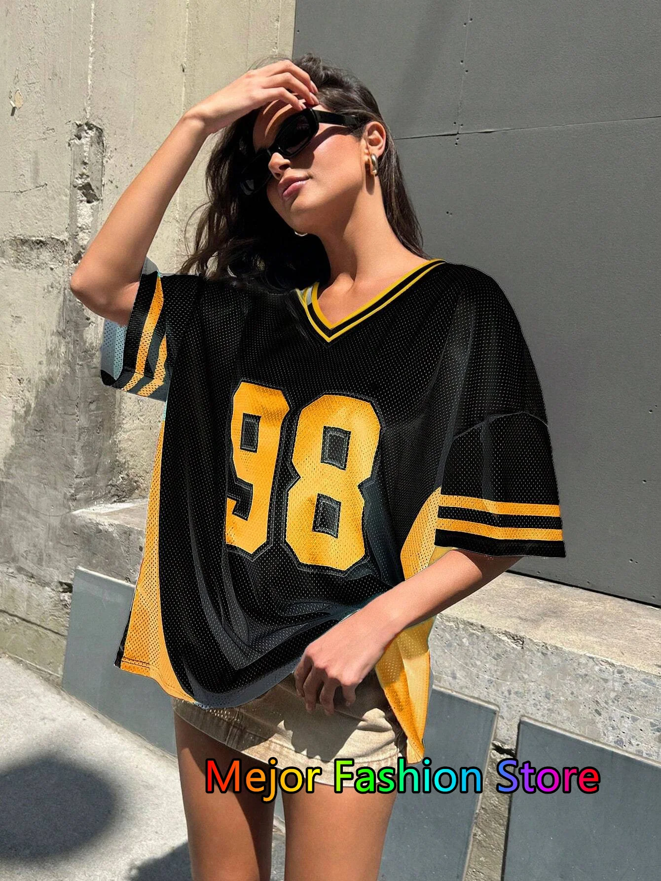 2025 Summer New Retro Patchwork 98 Print T-Shirt For Women V-Neck Short Sleeve Sports Football Jersey Y2K Loose Oversized Tops