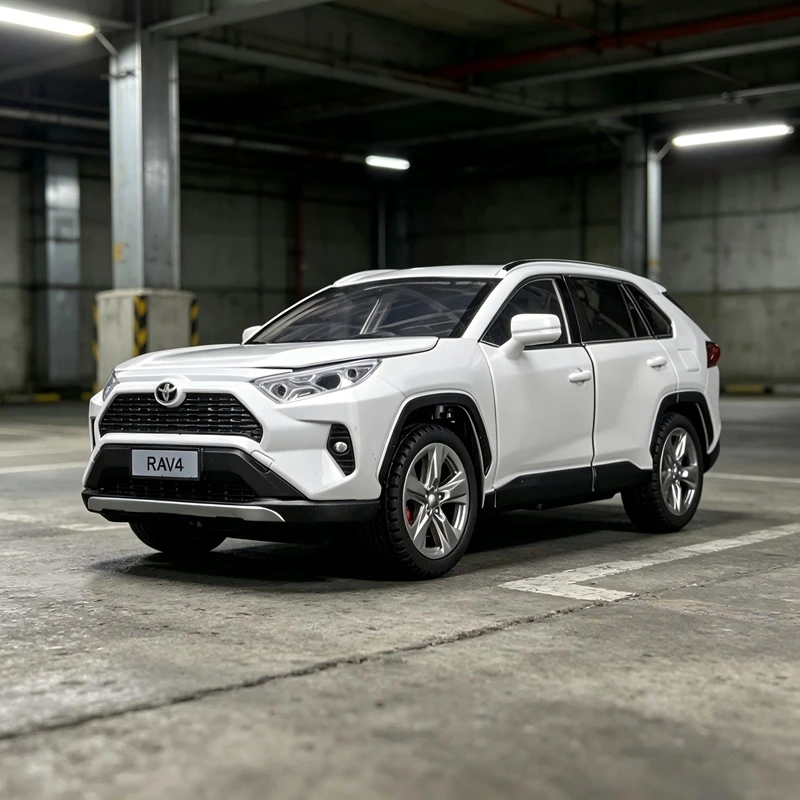 

Модель автомобиля Toyota RAV4 из сплава металла в масштабе 1:24, двери, передний капот и багажник открываются, со звуковыми и световыми эффектами.