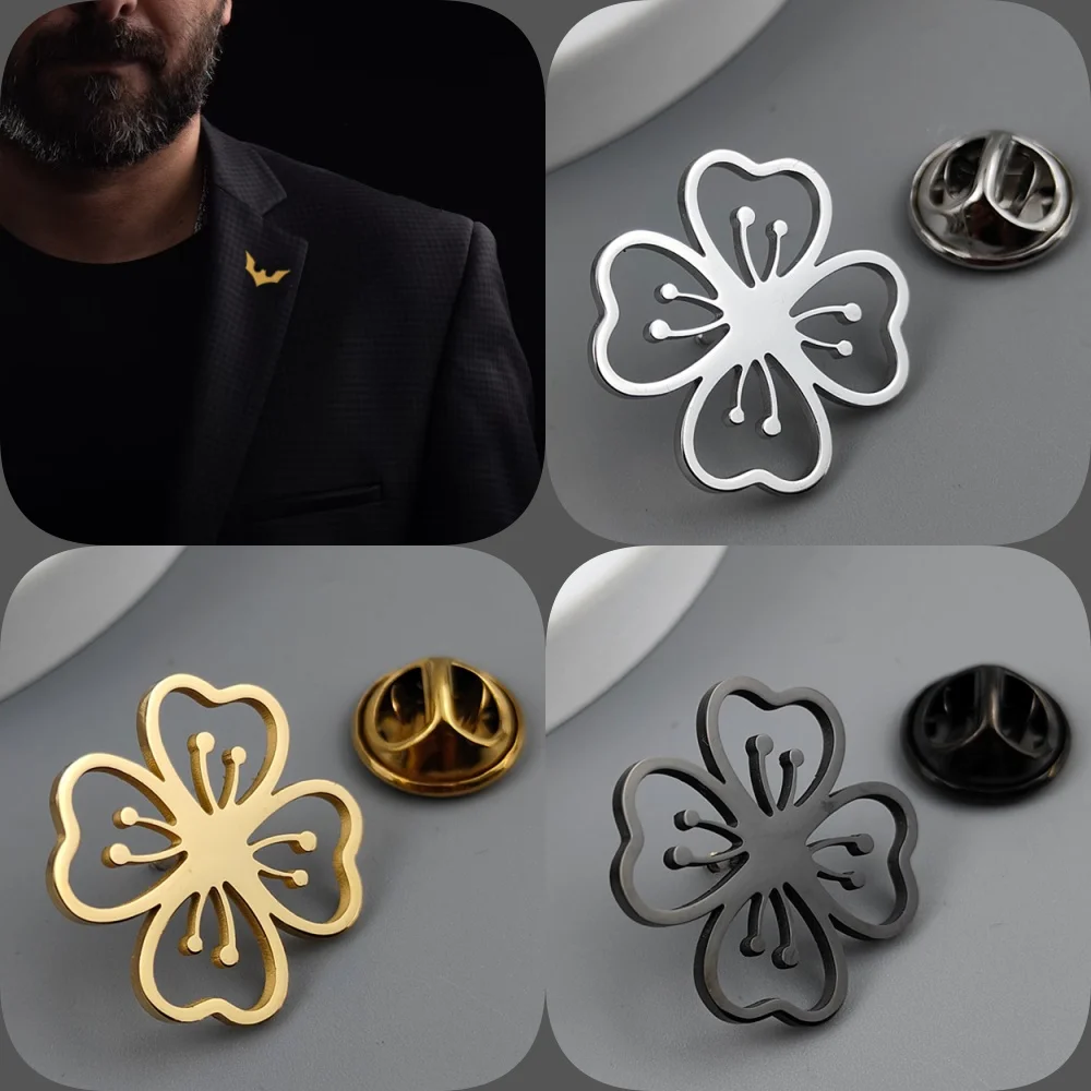 Four-leaf clover petal gold-plated badge, suit lapel pin black silver stainless steel, men\'s collar brooch, Halloween gift