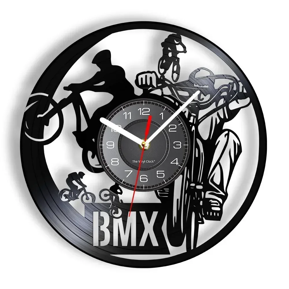 Mountain Biking Wall Clock Made of Real Vinyl Record Bicycle Motocross Extreme Sport Luminous Wall Watch Retro Vinyl Disk Crafts