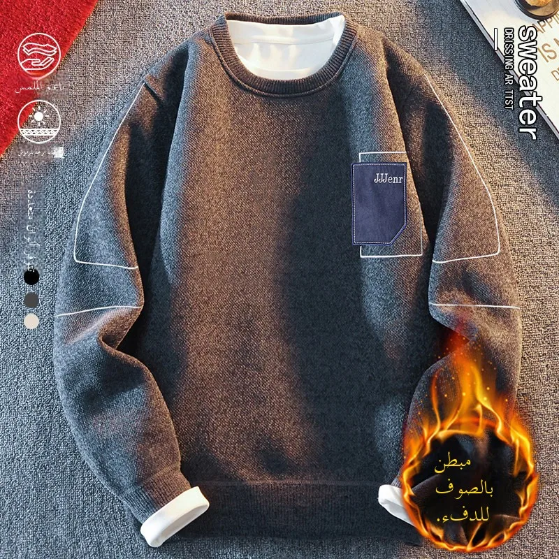

Men's round Ne Fce Lined Knitwear Thiened Winter Warm Sweater Faion Urban Sle Casual Long Sve Polyester Fiber