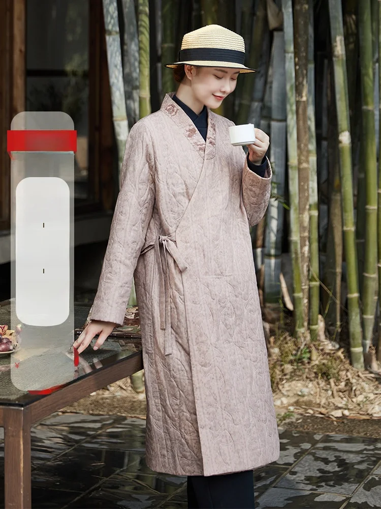 

Hand Embroidered Long Velvet Cotton Silk Blend Women's Jaet mid Length Retro Sle Button up Thiened Autumn Winter Coat