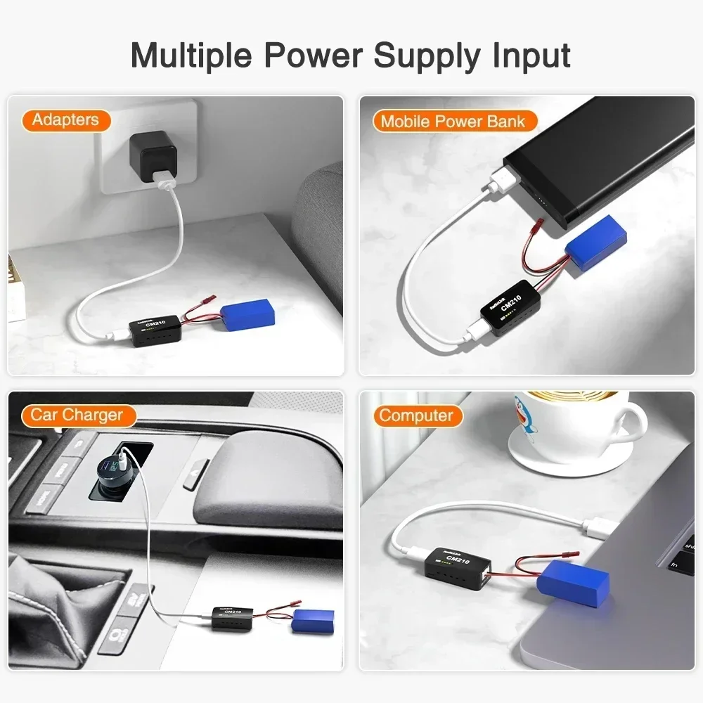 Ładowarka do akumulatorów LiPo Radiolink CM210 Faster 2s, mini rozmiar, złącze USB typu C, zasilanie samodostosowujące się.