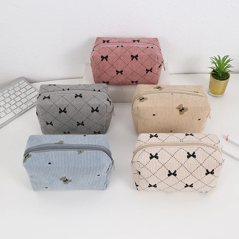 Korean Corduroy Bow Makeup Bag Pouch Portable Large Capacity Toiletry Bag Travel Organizer Student Bear Printed Pencil Case