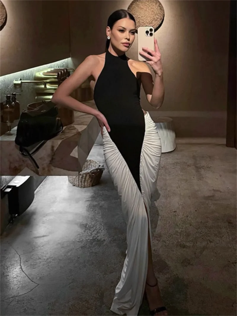 Black White Ruffles Women Prom Dress Sexy Elegant High Neck Sleeveless Backless Long Party Gown Autumn Fall Casual Birthday Robe