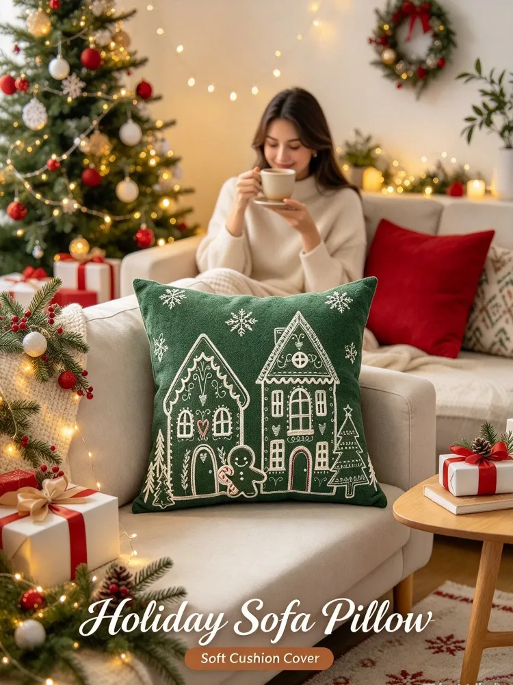 Christmas Gingerbread House Pillow Cover Dark Green White Print Soft Cushion Cover for Xmas Sofa Bed Living Room Bedroom Holiday
