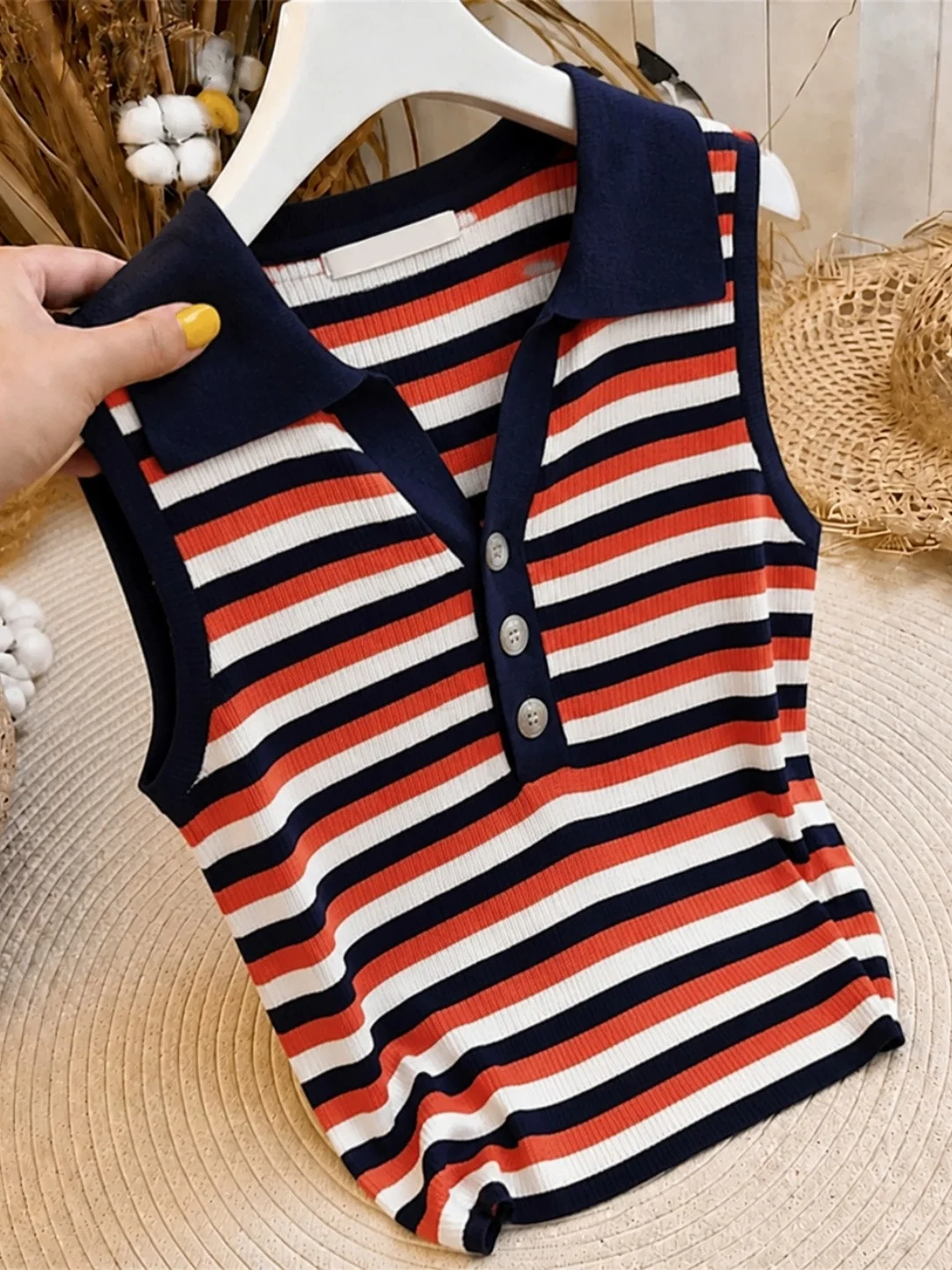 Collar Knitted Vest Striped Design Sleeveless Top for Women Korean Style Commute Straight Cut Blend of Other Materials
