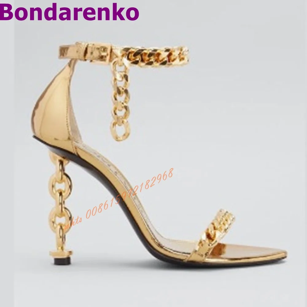 Sexy Chain Heels Sandals Pointed Toe Gold Metal Decor Ankle Straps Sandal Women Shoes Hollow Buckles Leather Designer Party Shoe