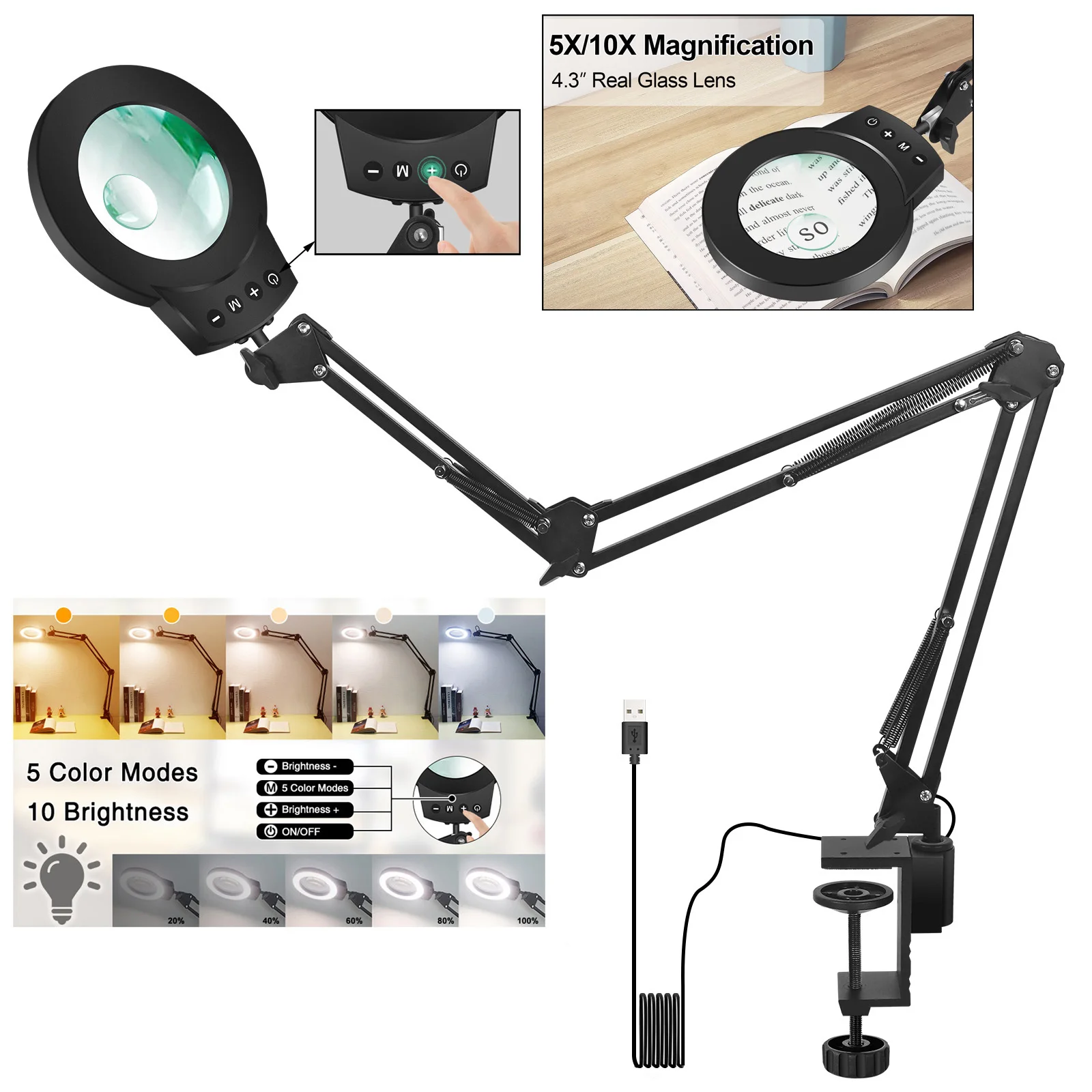 Lupa powiększająca Toolour 5X+10X z 5 trybami kolorów, płynnie regulowana lampa powiększająca do lutowania, majsterkowania i precyzyjnych prac. — zdjęcie 2