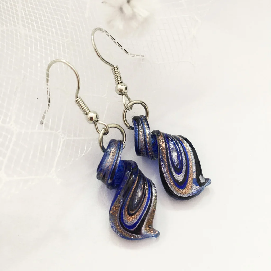 1 paar Chinese stijl glas Muran retro oorbel handgemaakte persoonlijkheid hanger vrouwelijke spiraal marineblauw glazen hanger