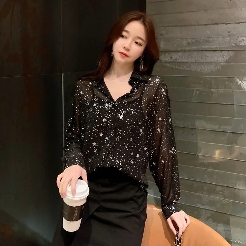 Clothes Long Sleeve Tops for Women Loose White Chiffon Black Printed Womens Shirt & Blouse Pattern Cool Luxury Designer Pretty M