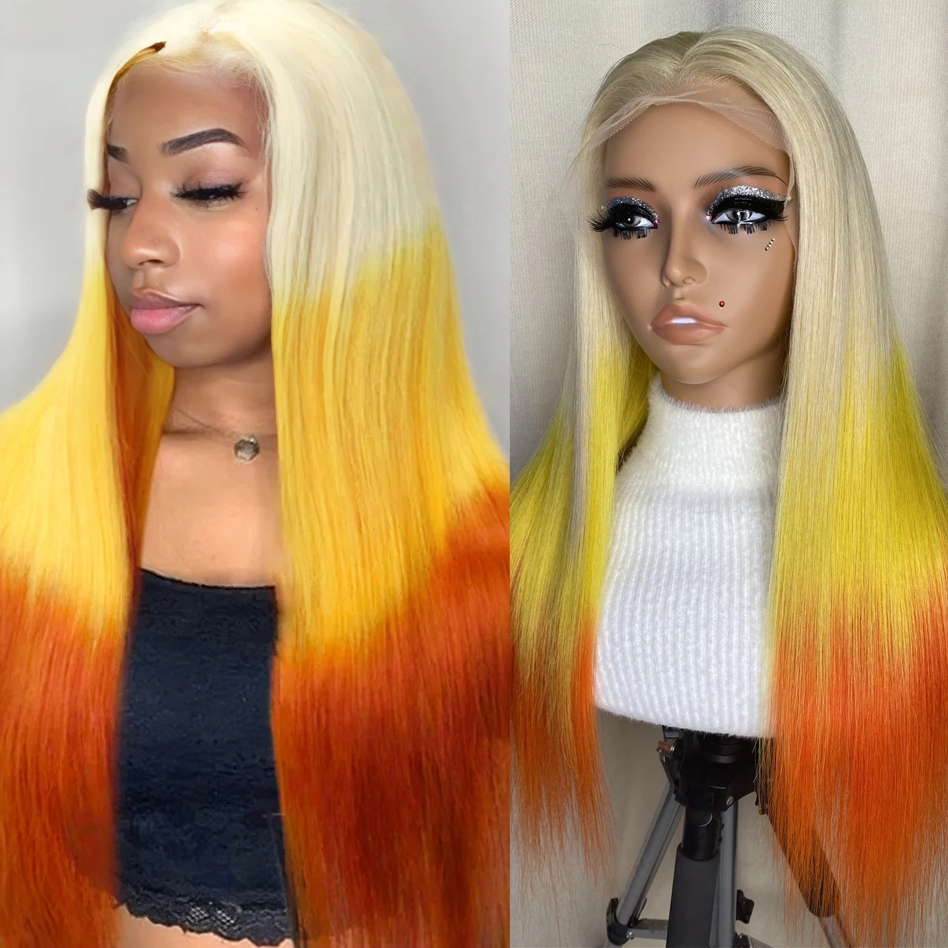

Long Straight Human Hair 13x4 Lace Front Wigs 3 Tones Reverse Blonde Yellow and Orange Ombre Multi Color Hair For Women