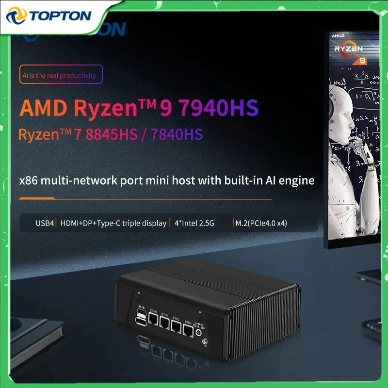 Topton 4x i226-V 2.5G LAN AMD Ryzen 9 7940HS 7 7840HS Брандмауэр Мини-ПК USB4 2xM.2 NVMe 2xDDR5 AI Engine PVE ESXi Хост-маршрутизатор
