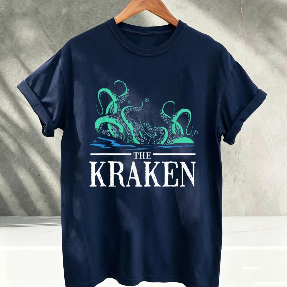 The Kraken Vintage Green Sea Monster Octopus Tentacles Graphic T‑Shirt Retro Ocean Myth Creature Wave Art Print Soft Cotton Tees
