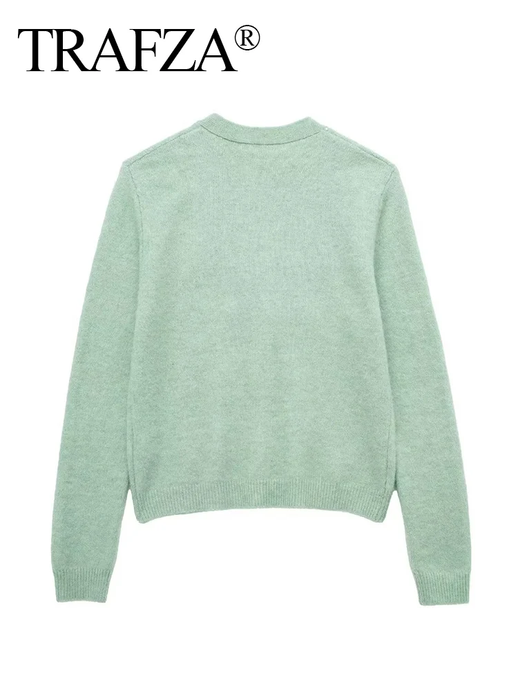 Trafza Herbst Frauen Mode Strickjacke gestrickt solide V-Ausschnitt lange Ärmel perlen verzierte Pullover Mantel weibliche elegante Frau Top