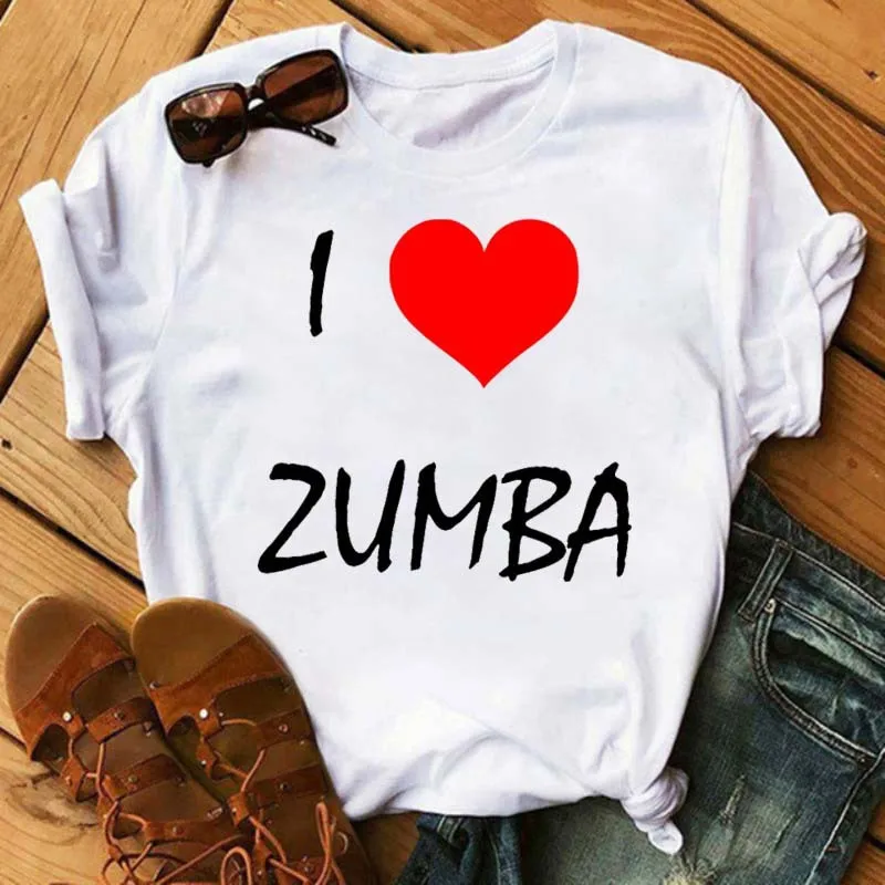 Camiseta con estampado de corazones Zumba para mujer, estampado de baile colorido, cuello redondo, manga corta, top informal para entrenamiento deportivo, estilo urbano