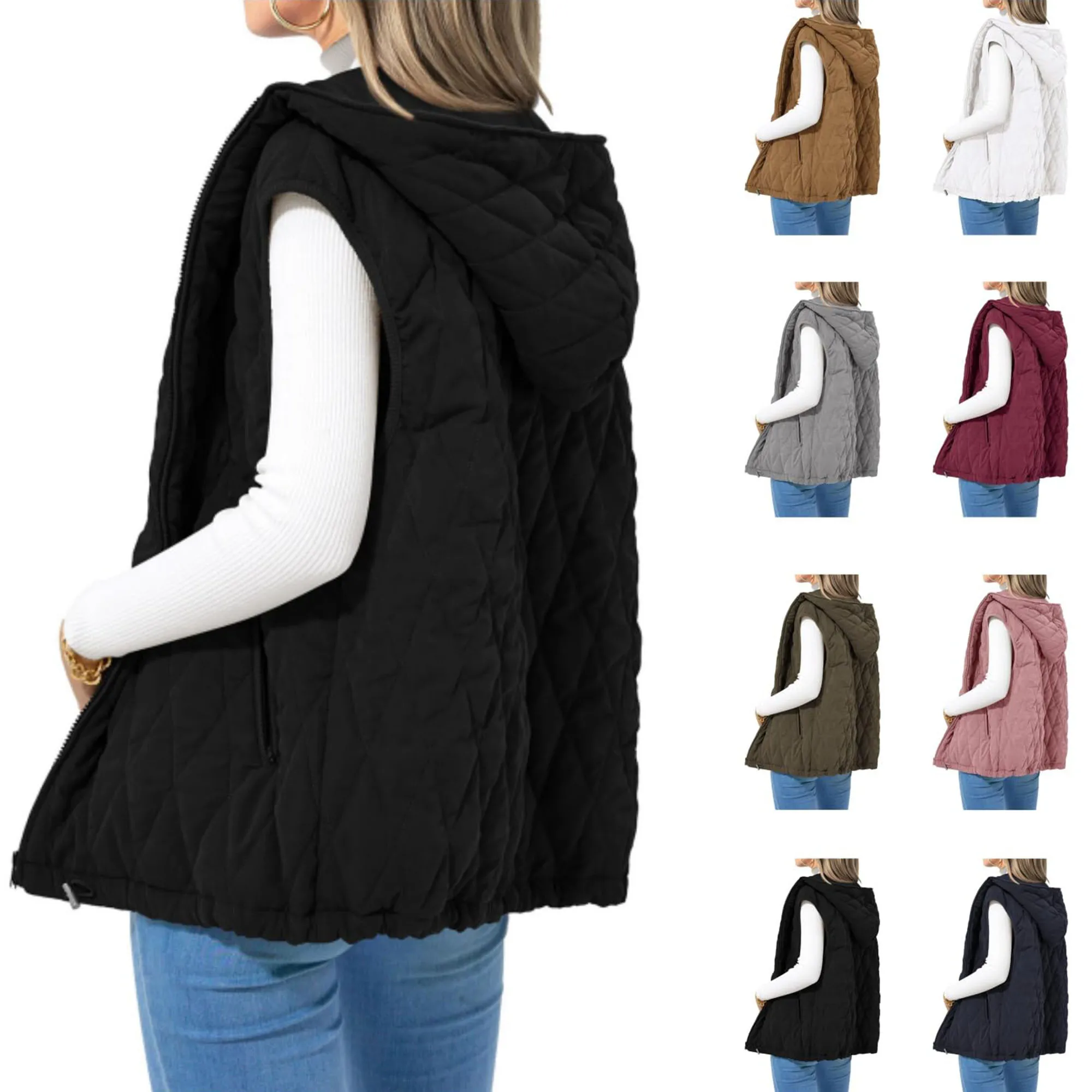 Hooded Puffer Vest Women Lightweight Quilted Coats Vests Zipper Sleeveless Jackets Puffy Down Outwears with Pockets