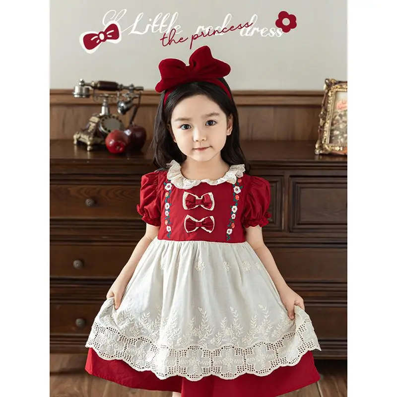 

2024 Summer Bubble Sleeve Embroidered Girl's Dress Patchwork Lolita Girl Dress Spanish Fashion Cute Bow Vestidos Holiday Clothes